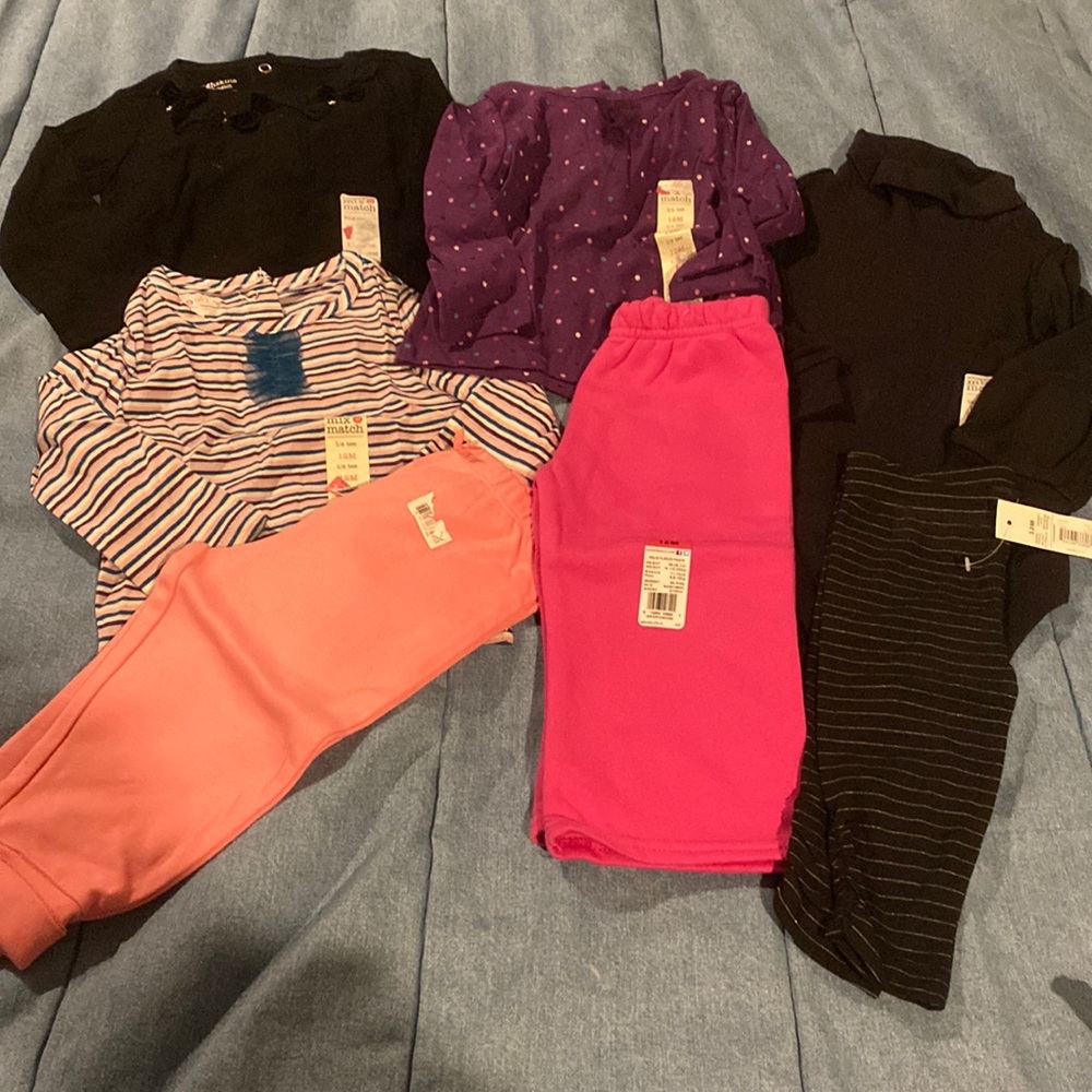 7 girls 12m lot NWT black bodysuit pink sweat pants 2 ruffled shirts black bows